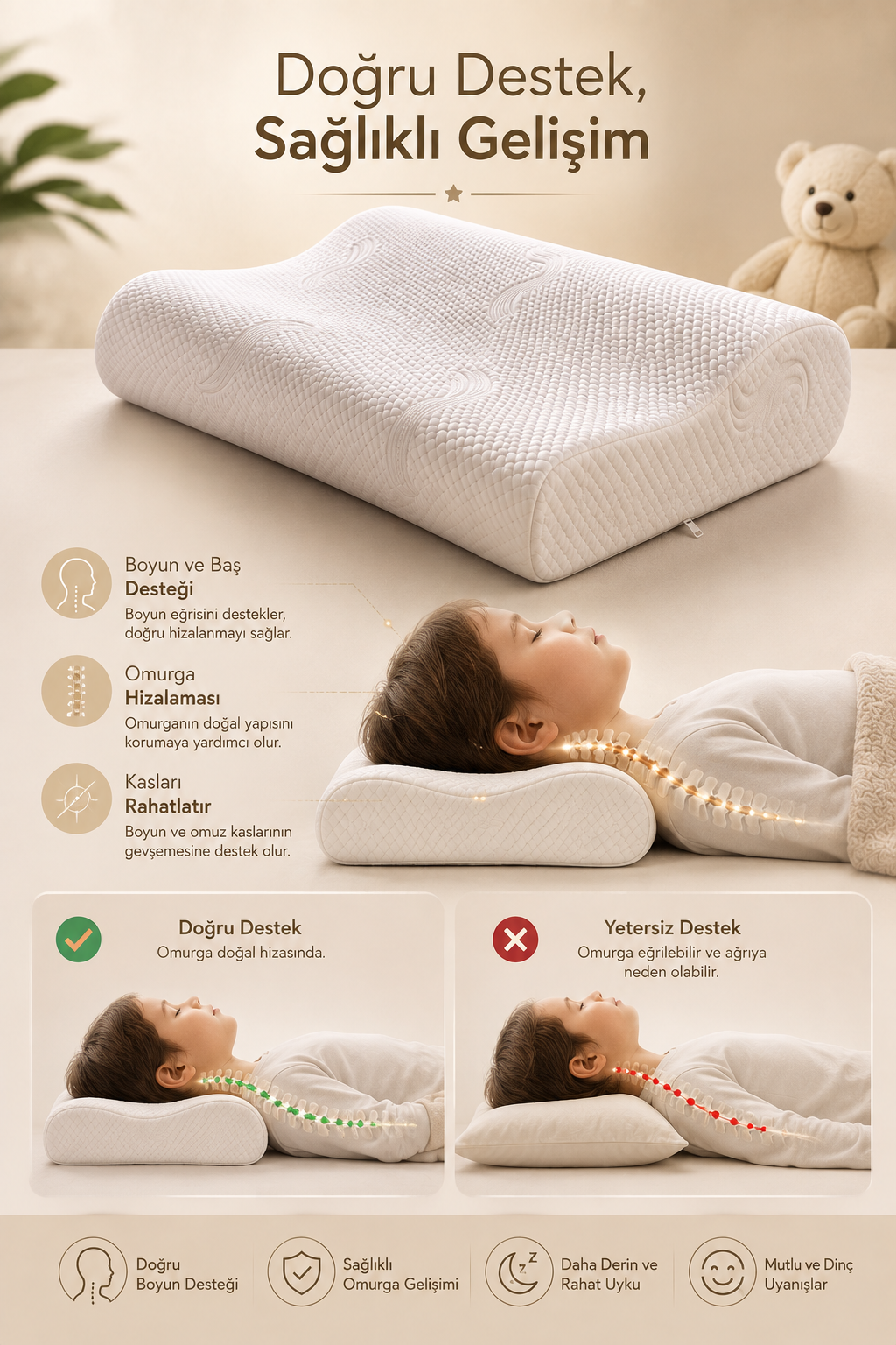 Çocuklar İçin Ortopedik Visco Yastık Boyun Destekli Terletmeyen Ergonomik Uyku Yastığı