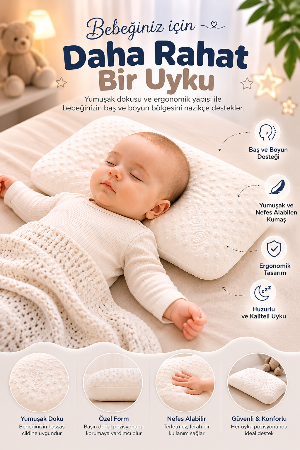 Bebek Yastığı Ergonomik Yumuşak Nefes Alabilir Konforlu Uyku Destekleyici Çocuk Yastığı