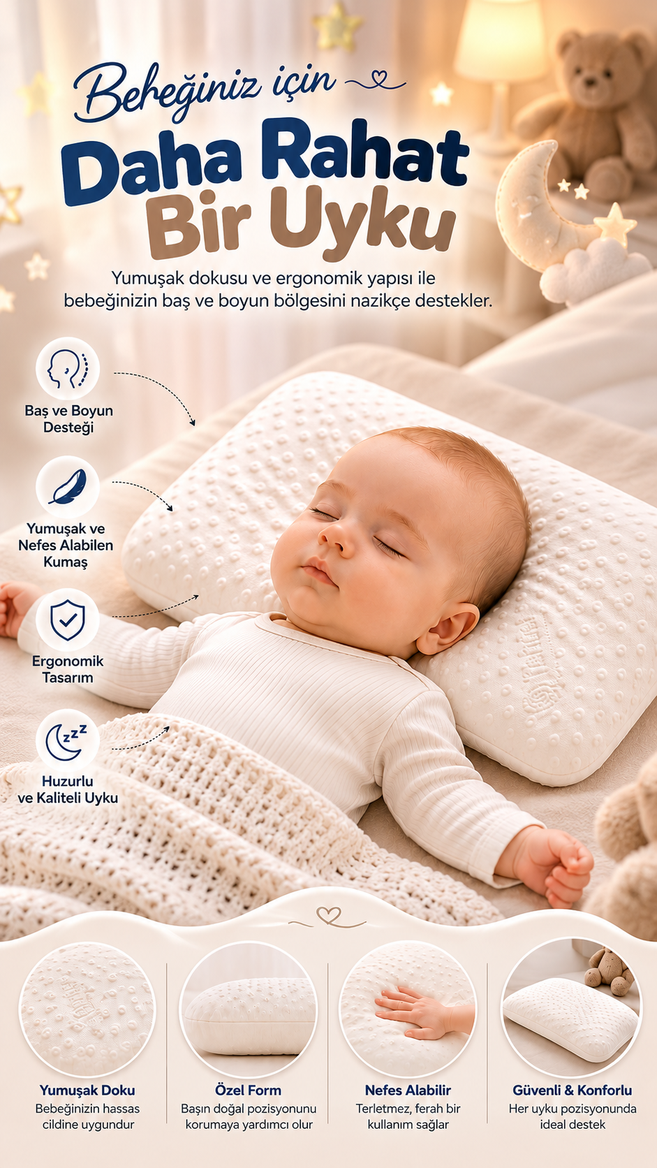 Bebek Yastığı Ergonomik Yumuşak Nefes Alabilir Konforlu Uyku Destekleyici Çocuk Yastığı